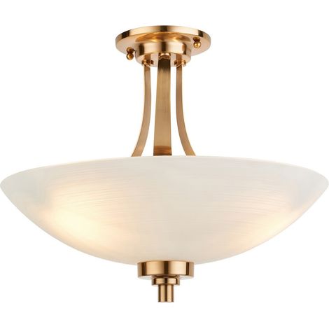 Endon Welles Plafonnier semi-encastré en forme de bol, plaque en laiton vieilli brossé, verre blanc, 3 x E27 (1/5)