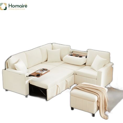 Canapé en velours beige avec rangement, port USB et accoudoirs 205 x 205 x 85 cm HOMAIRE (1/5)