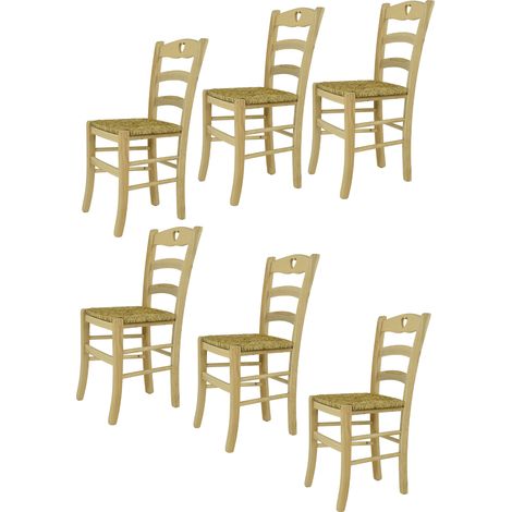 Tommychairs - Set 6 chaises CUORE pour cuisine, bar et salle à manger, robuste structure en bois de hêtre poli, non traité, 100% naturel et assise en paille