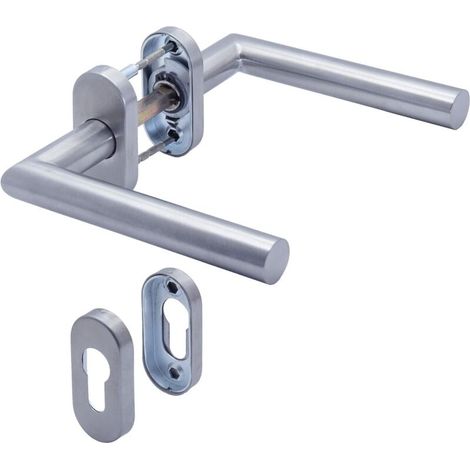 RHG Poignées de porte en acier inoxydable pour portes d'entrée et intérieures avec cylindre profilé à rosace à clé (type à angle droit)