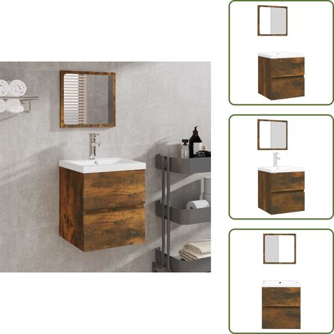 Armario con espejo - vidaXL Armario de lavabo con lavamanos y espejo color roble ahumado - Armario de baño roble ahumado