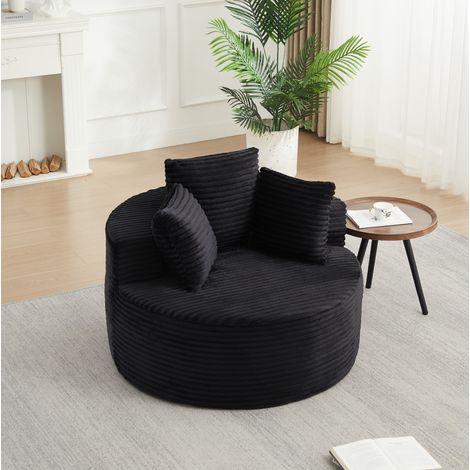 Poltrona singola rotonda in velluto a coste nero, diametro 110 cm, con 3 cuscini (1/5)