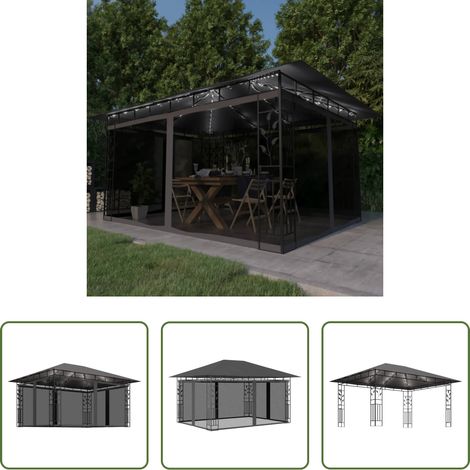 Belvédère - Tonnelle avec moustiquaire et lumières LED 4x3x2,73m Anthracite (1/5)