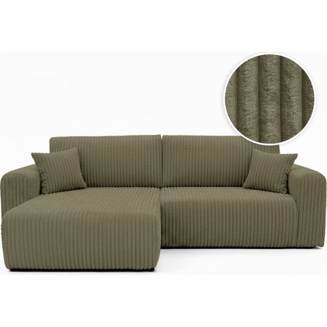 Canapé d'angle compact réversible et convertible ALYA 4 places en velours cotelé épais - Vert kaki (1/5)