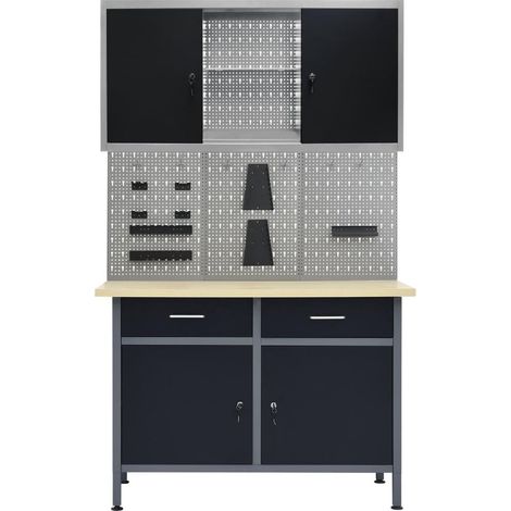 Banco da lavoro da 120 cm con 3 pannelli a parete e 1 armadio da officina tavolo da lavoro grigio nero 020003661