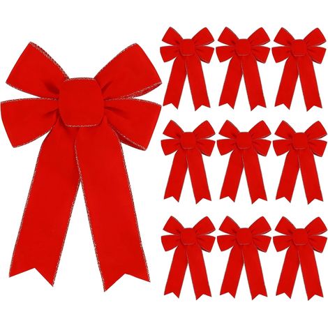 Ribbon Bow - Ruban Flocé Rouge Velours - Décoration Noël Arbre Guirlande Cadeaux - 10 Pièces (1/5)