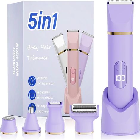 5-in-1 Bikini Hair Remover for Women, IPX7 Waterproof Wireless Electric Body Shaver, 5 Interchangeable Heads for Facial Hair Removal Legs, and Intimate Area, Ceramic Blade, USB Charging - Purple (1/5)