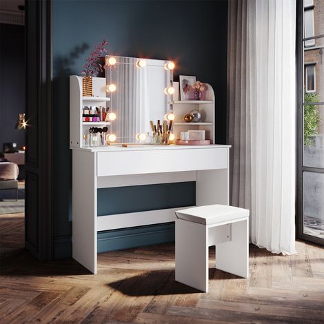 SONNI Schminktisch mit beleuchtung spiegel und hocker Schublad Frisiertisch Kosmetiktisch Schreibtisch Weiß 108x40x140cm (1/5)