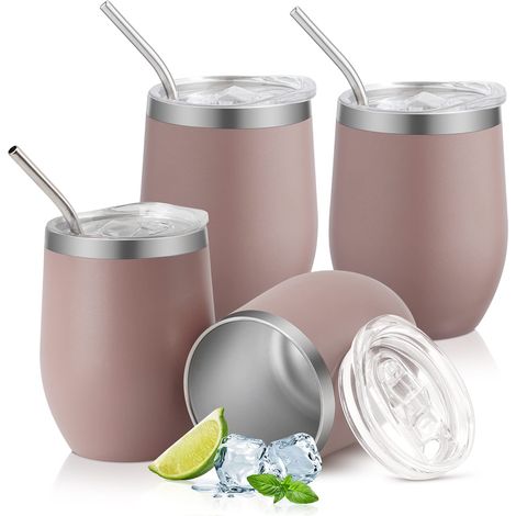 Lot de 4 verres à vin en acier inoxydable de 350 ml avec couvercle et paille, tasses isolées sous vide, gobelets de voyage à double paroi, conviennent pour le lait, le café, la bière, le champagne, (1/5)