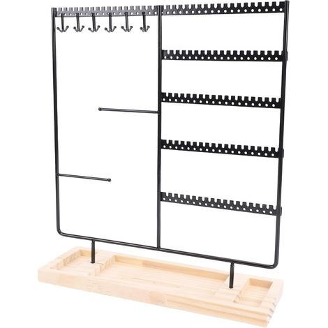 Metal Jewelry Holder, Jewelry Organizer Stand with Wooden Base, Display Stand for Necklaces, Earrings, Bracelets, Stud Rings, Women's Rings (BLACK) (1/5)