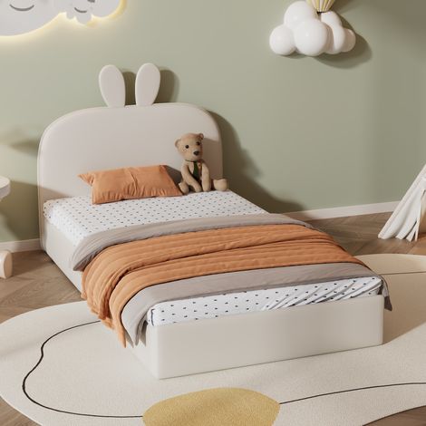 Lit enfant en velours beige 90x200 cm avec tête de lit lapin et sommier à 12 lattes en bois
