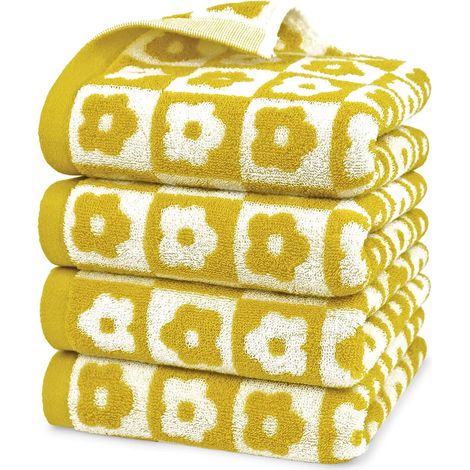 4 pièces 100% coton visage serviettes de bain Floral jaune salle de bain doux au toucher très absorbant douche hôtel serviette 29 x 13 pouces (1/5)