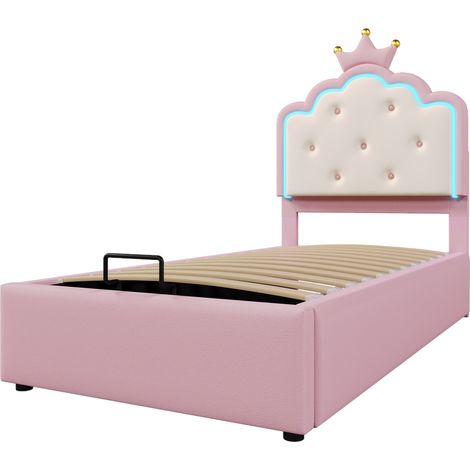 Cama infantil tapizada 90x200 cm con somier, LED con mando y arcón rosa (1/5)