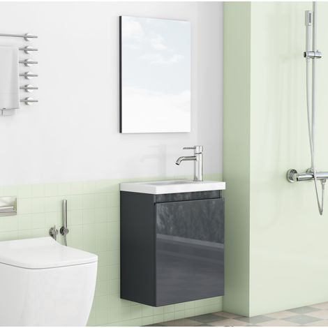 Mueble lavabo mural 40 cm con lavabo de cerámica y espejo, gris brillante HAVRYA (1/5)