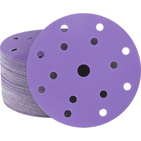 150-mm-Schleifscheiben, 50 Stück, violette Schleifpapierscheiben, 6 Zoll, 15 Löcher, Körnung 60, Keramik-Schleifpapier für Auto- und Holzbearbeitung (1/5)