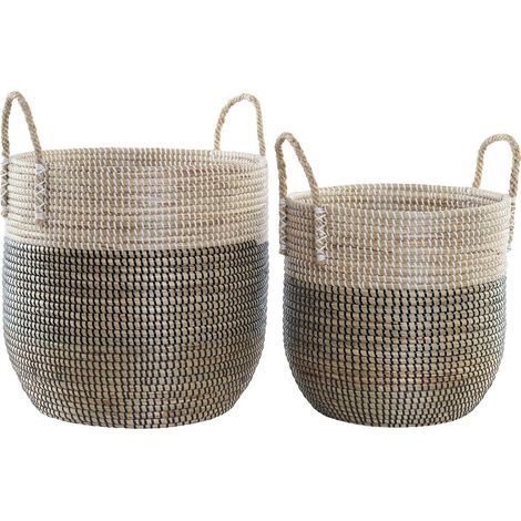 Panier osier tressé bicolore pour rangement élégant - Blanc nacré et bleu ciel