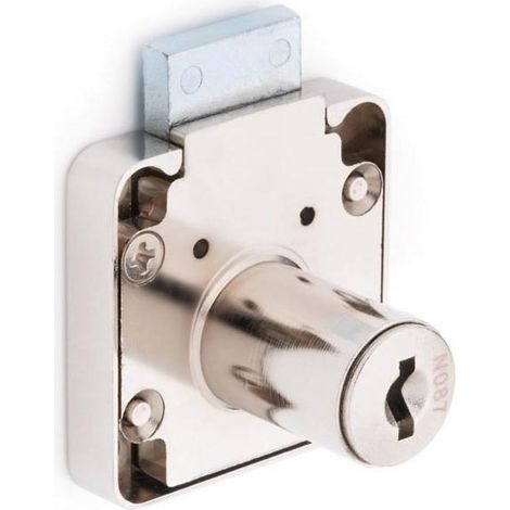 Serrure de meuble à cylindre fixe Ø16,5 mm – Longueur 20 mm – Boîtier 40x40 mm – Décor nickelé – Pour tiroir – Ojmar