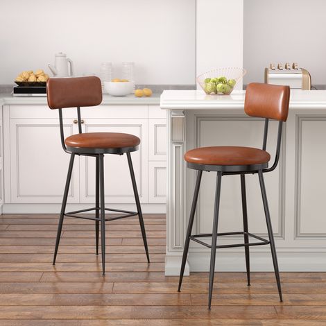2er-Set Barhocker – Hoher Küchenstuhl mit Rückenlehne und Fußstütze – Robustes Retro-Design – aus braunem PU (1/5)
