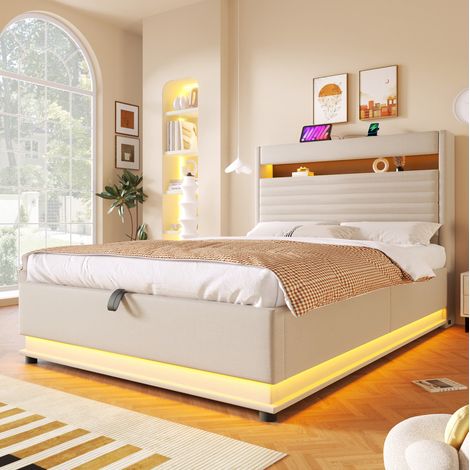 Lit coffre rembourré 140x200 cm avec USB Type-C, LED, rangement hydraulique, lin beige, sans matelas (1/5)