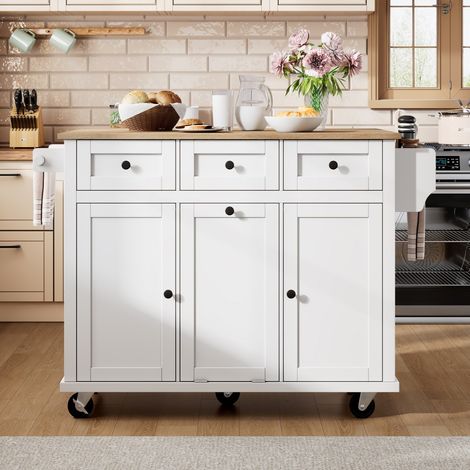 Desserte de cuisine mobile sur roulettes-table extensible-poubelle tiroirs-blanc-112x30(76,2)x92,7cm (1/5)