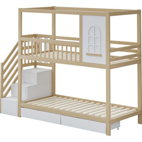 Cama alta infantil 90 x 200 cm de madera natural, estilo casa con ventanas, escalera y cajones (1/5)