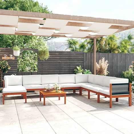 9-tlg. Garten-Lounge-Set mit Kissen Cremefarbenes Holz Akazie & Seil