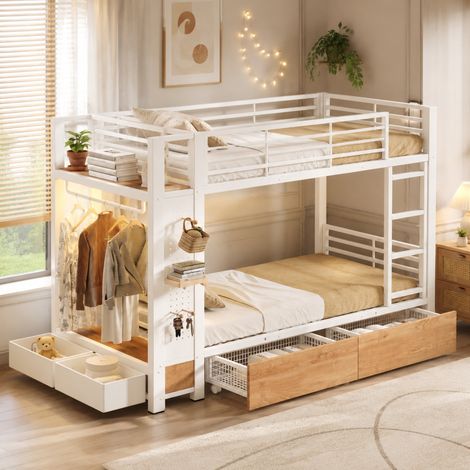 Hochbett 90 x 200 cm mit 4 Schubladen, LED und Kleiderschrank, weiß HAVRYA (1/5)