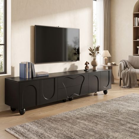 Meuble TV Banc TV 180 cm avec Rangements et Portes Panneau de Particules Style Moderne Minimaliste Noir (1/5)