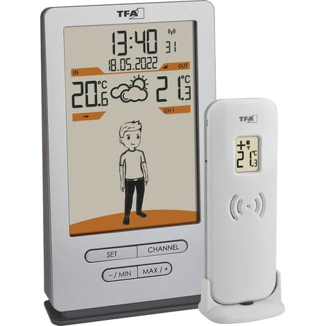 TFA Dostmann Estación meteorológica inalámbrica Weather Jack 35.1166.54, temperatura exterior e interior, previsión meteorológica, con sugerencias de ropa, reloj controlado, plata, 146 x 82 x 27 (47)