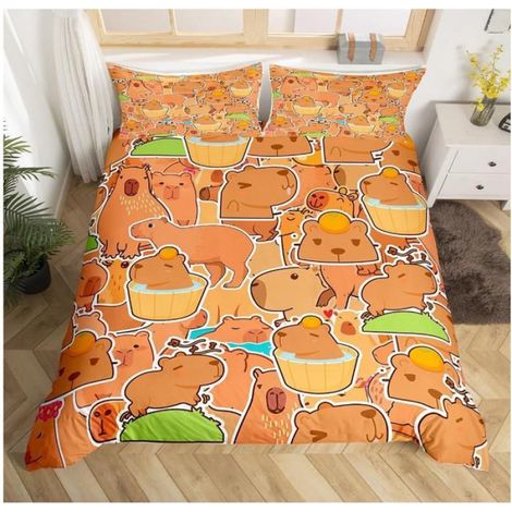 Capybara Housse de Couette 90x190cm Cadeaux Literie Set Amants d'animaux de Capybara Modèle Orange Marron Literie Set - 994 (1/3)