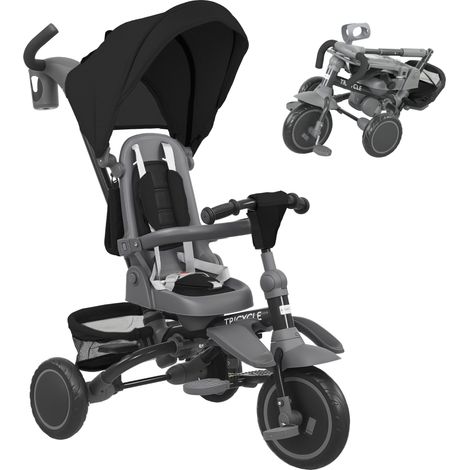Porteur tricycle enfant noir 6 en 1 avec guidon de poussée, siège pivotant et structure pliable pour promenade, parc et extérieur (1/5)