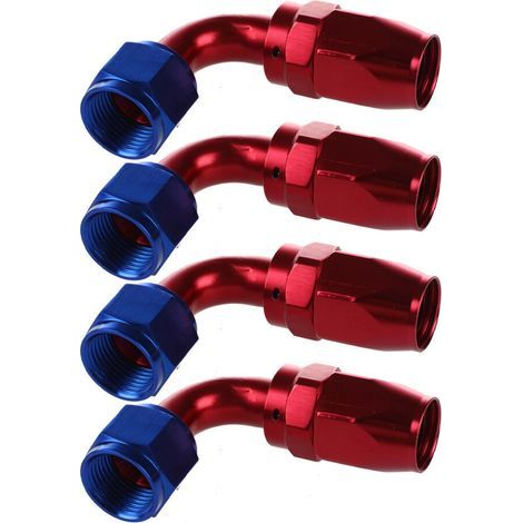 Convient pour 4 adaptateurs de connecteur de tuyau de carburant pivotants AN10/90 degrés, en aluminium, bicolore rouge et bleu.