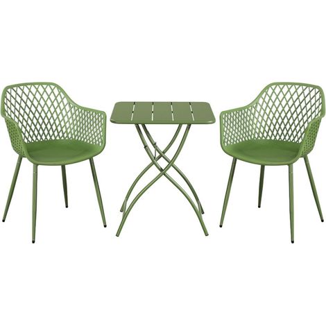 3 Piece Bistro Garden Set with 2 Lattice Armchairs and Square Folding Table - Plastic/Metal - L42.5 X W56.5 X H84.5 cm - Moss Green - Flat Packed