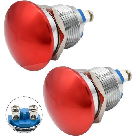 Lot de 2 interrupts à bouton-poussoir à tête champignon, 16 mm, étanches IP65, en métal, 1 NO SPST, démarrage instantané, 5/8 po (environ 1,9 cm), bornes à vis hémisphère de montage 3 A, 12
