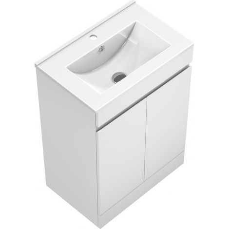 Acezanble 600mm Bathroom Vanity Units with Basin Matte White Free-Standing with Two Doors Storage Unit Ceramic Sink