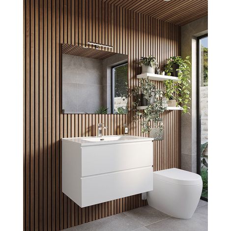 Exagonshop Mobile bagno 100x47 bianco lucido con lavabo specchio