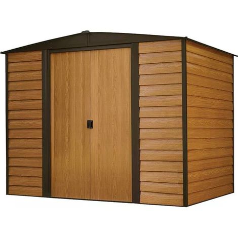 Abri métal Habrita Foresta Arrow Woodridge 4,58m2 imitation bois toit 2 pentes avec double porte coulissante (1/5)