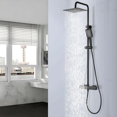 DETBOM Colonna Doccia Termostatica Sistema Doccia Nero Set Doccia Regolabile in Altezza con Miscelatore Termostatico per Bagno Soffione Doccia a Pioggia Quadrato