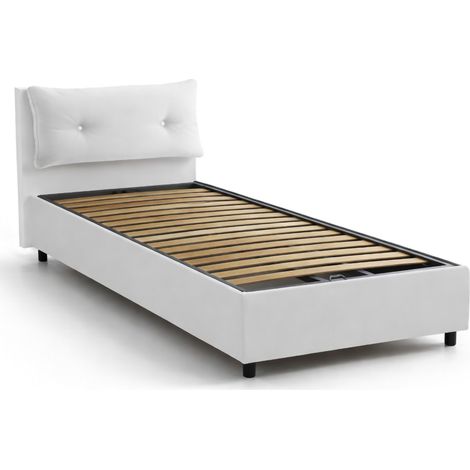 Dmora - Letto singolo Dabal, Letto contenitore con rivestimento in ecopelle, 100% Made in Italy, Apertura laterale, adatto per materasso Cm 80x190, Bianco
