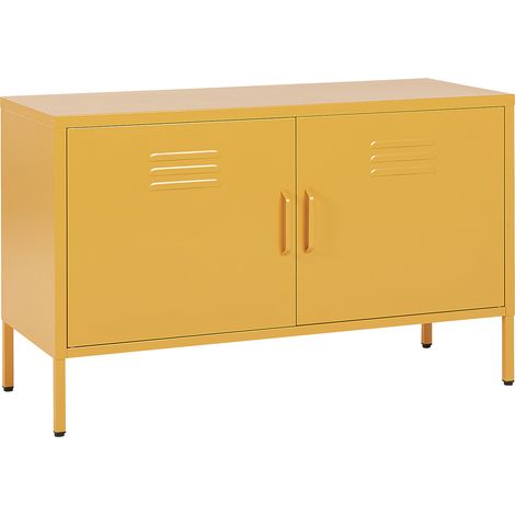 Aparador de metal amarillo 100 x 40 cm 2 puertas estantes protectores patas Uria (1/5)