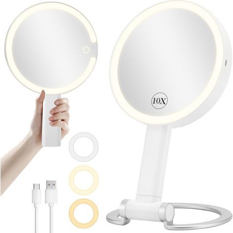 Espejo de aumento con luz, espejo de maquillaje recargable con luz y aumento de 1X/10X de doble cara, espejo de maquillaje de viaje con luces regulables de 3 colores, espejo de mano portátil para colg (1/5)