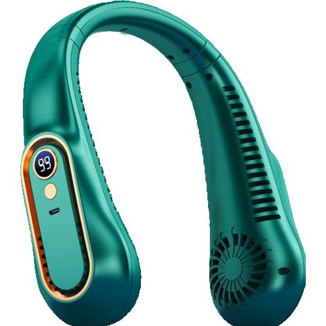 Ventilateur de cou portable sans pales 5 vitesses 360° LED affichage USB rechargeable mains libres sport extérieur intérieur bureau été ergonomique vert (1/3)