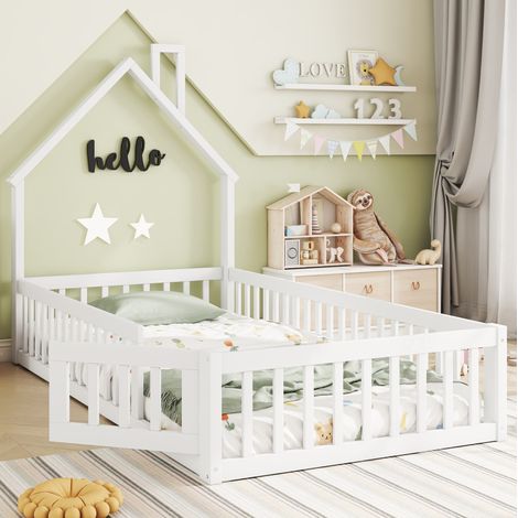 Cama infantil casa 90 x 200 cm con forma de chimenea, con somier, blanca HAVRYA (1/5)