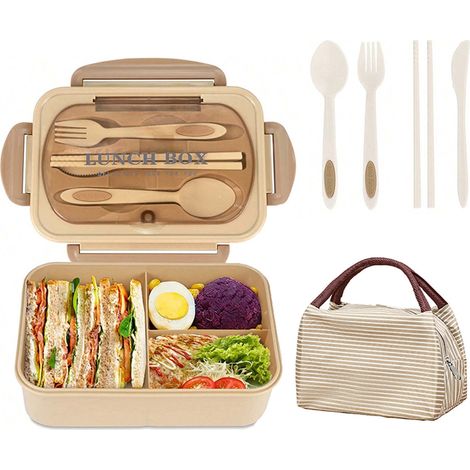 Lunchbox, Bento-Lunchbox für Kinder und Erwachsene, 1400 ml mit 3 Fächern, auslaufsicheres Design mit Besteck, mikrowellen- und spülmaschinenfest, Schulpicknick (khaki)
