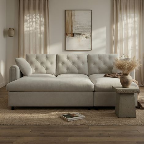 Canapé, avec banquette et repose-pieds, accoudoirs dotés de pochettes à magazines, dossier orné de clous, velours, beige (1/5)