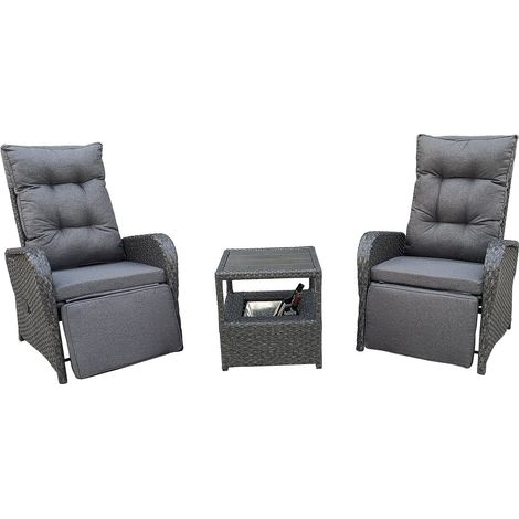 3 Piece Patio Lounge Chair Set Recliner Chair w Cushion & Ice Bucket - Dark Grey (1/5)