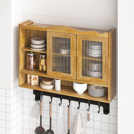 Meuble mural coulissant deux portes rétro 90 cm, trois espaces de rangement, adapté pour salle de bain, cuisine et salle à manger, couleur bois naturel (1/4)