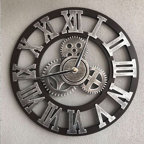 3D grande horloge murale silencieuse en bois rétro classique horloge murale à engrenages rétro horloge à chiffres romains salon steampunk européen décoration industrielle, bar, argent, 40 40 cm (1/5)