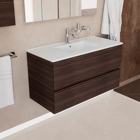 Inda - Badezimmerschrank 100 cm breiter „Onice“ in Lärchenbraun mit 2 Schubladen und Keramikwaschbecken (1/4)
