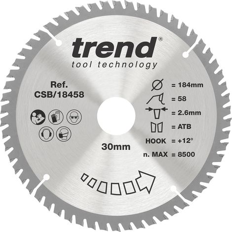 Lame de scie circulaire bois 184 mm, 58 dents, 30 mm alésage TCT (1/5)